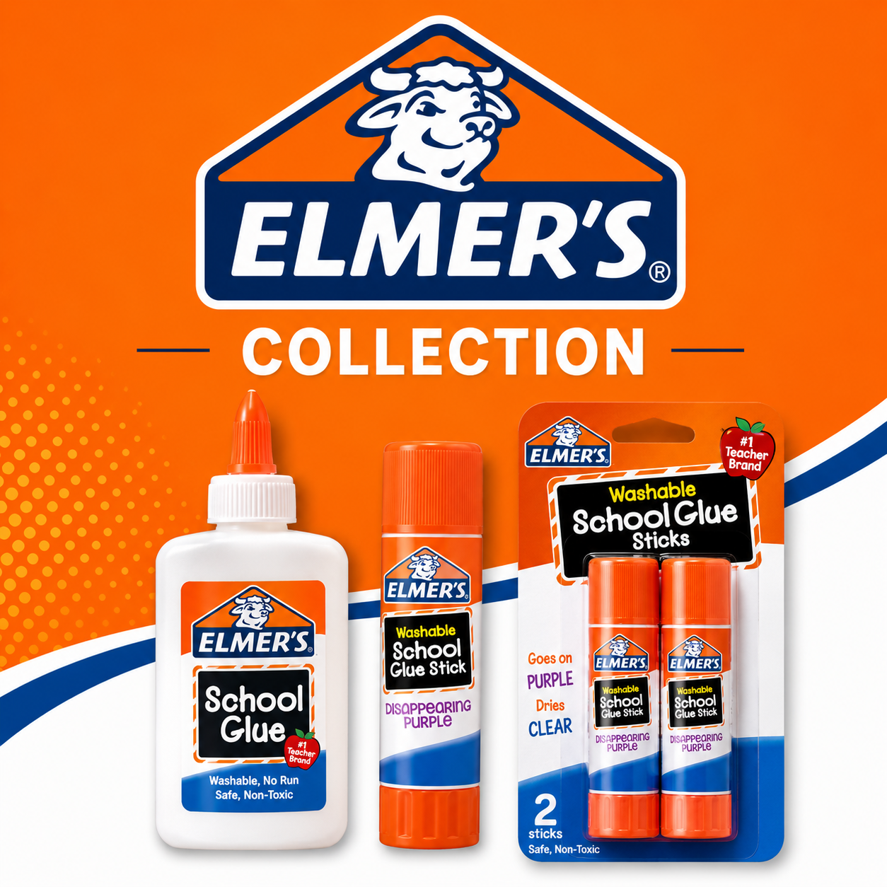Elmer's Collection featuring 4 PACK Bundles of Elmer's school glue, washable glue sticks, and disappearing purple glue sticks available at Cinco Estrellitas.
