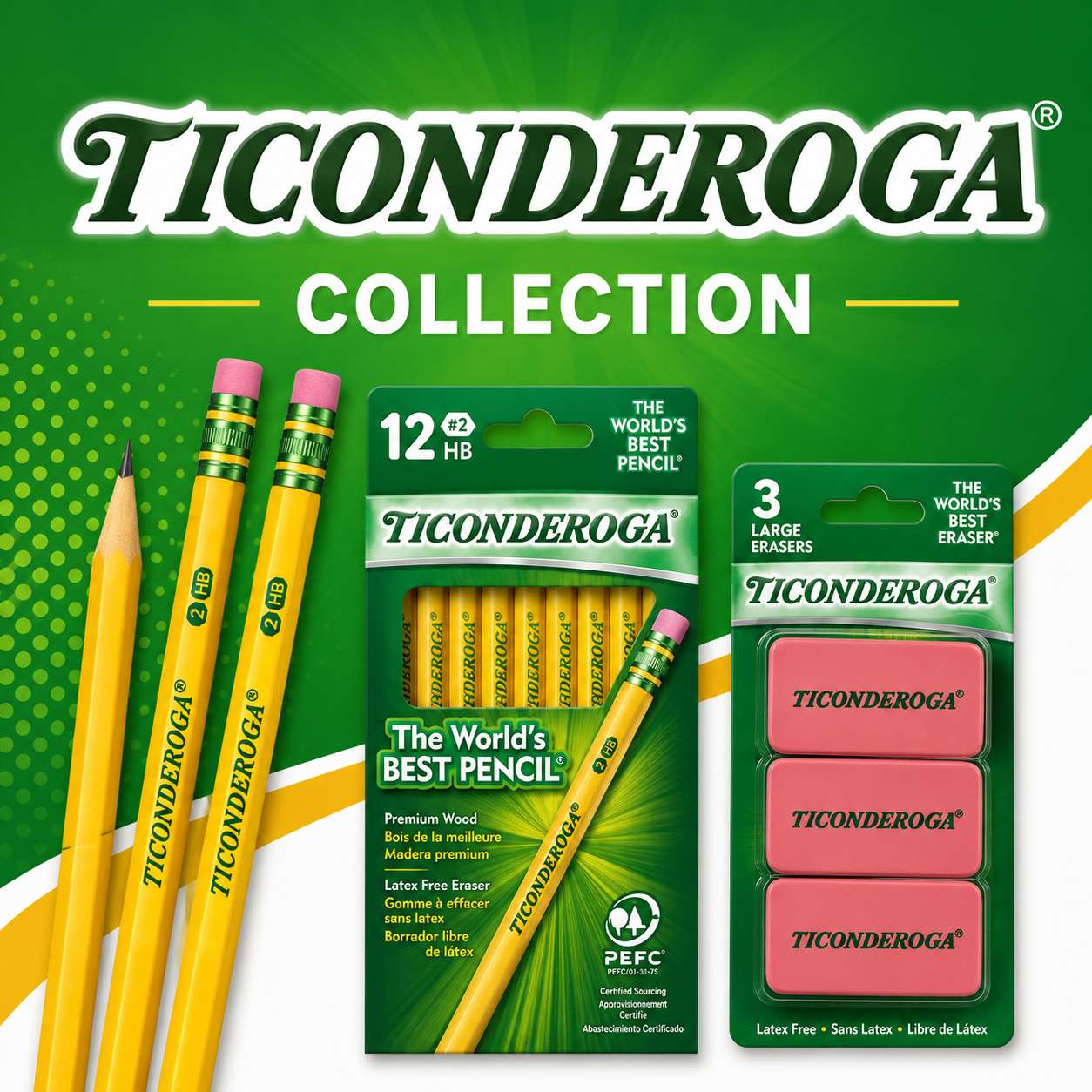 Ticonderoga Collection featuring #2 HB pencils, premium pencils, and erasers available in 4 PACK Bundles at Cinco Estrellitas.