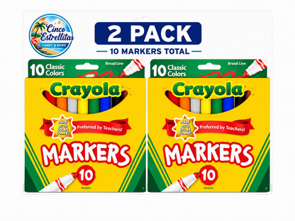Crayola Classic Broad Line Markers, 10 Classic Colors (2-Pack Bundle, 20 Markers Total)
