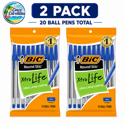 BIC Round Stic Xtra Life Blue Ballpoint Pens, Medium Point (1.0 mm), 2-Pack Bundle, 20 Pens Total