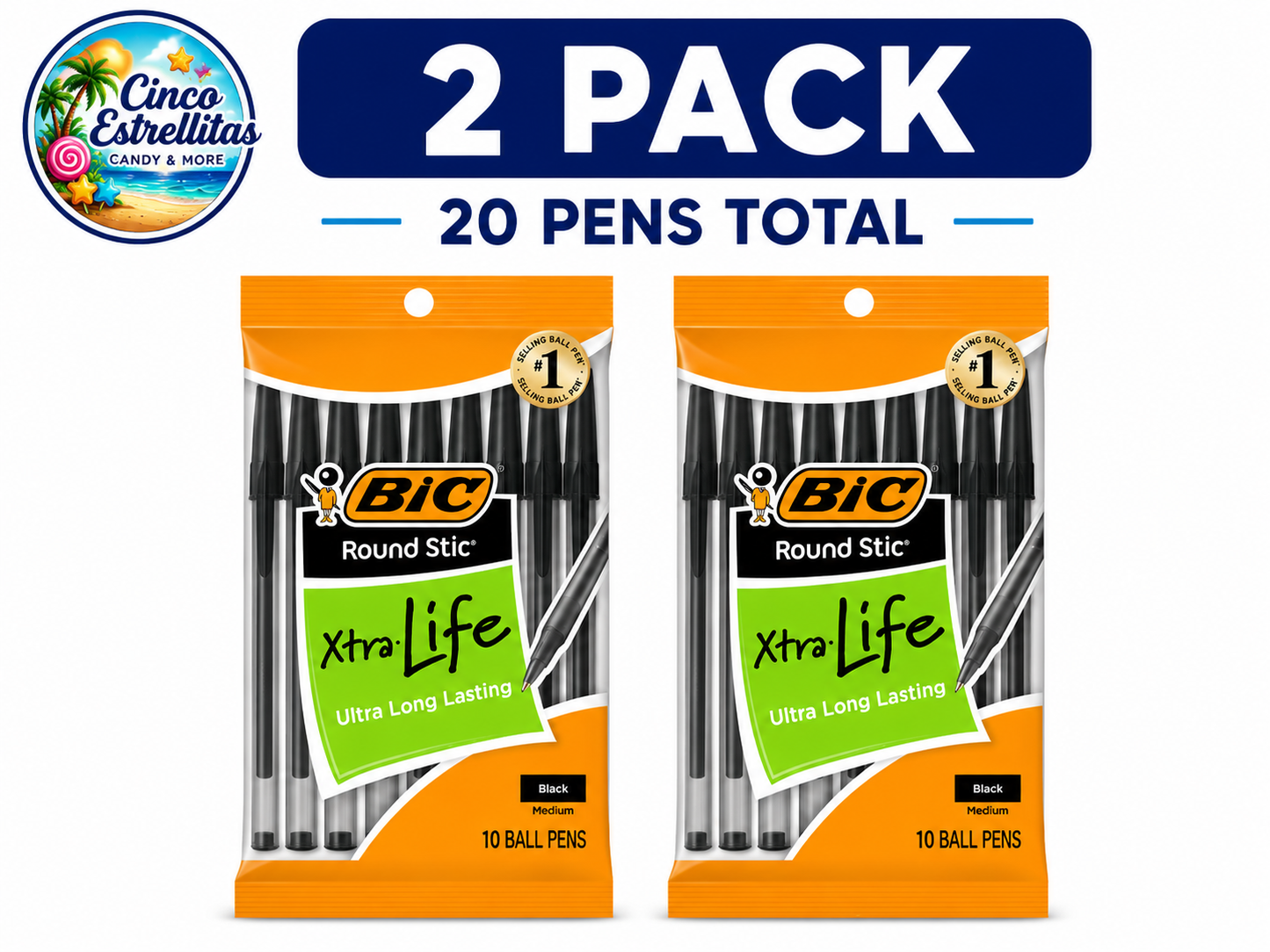 BIC Round Stic Xtra Life Black Ballpoint Pens, Medium Point (1.0 mm), 2-Pack Bundle, 20 Pens Total