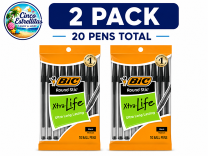 BIC Round Stic Xtra Life Black Ballpoint Pens, Medium Point (1.0 mm), 2-Pack Bundle, 20 Pens Total