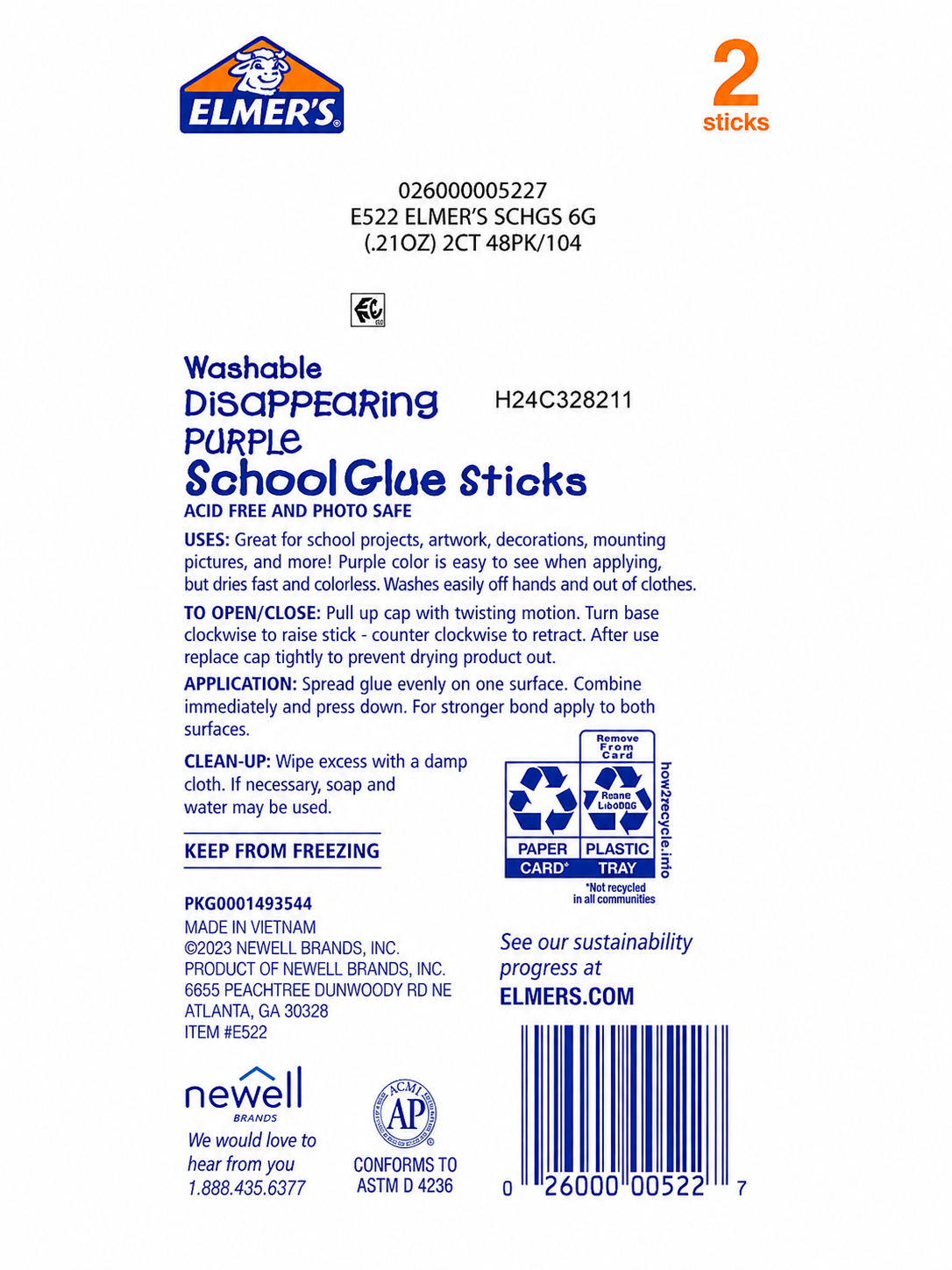 **Elmer's Washable Disappearing Purple School Glue Sticks, 2 Count, 4 Pack Bundle (8 Glue Sticks Total) | Acid-Free | Dries Clear | Free Shipping**