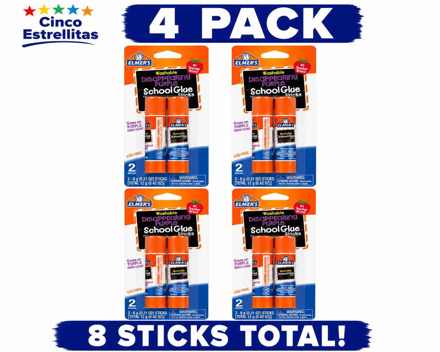 **Elmer's Washable Disappearing Purple School Glue Sticks, 2 Count, 4 Pack Bundle (8 Glue Sticks Total) | Acid-Free | Dries Clear | Free Shipping**
