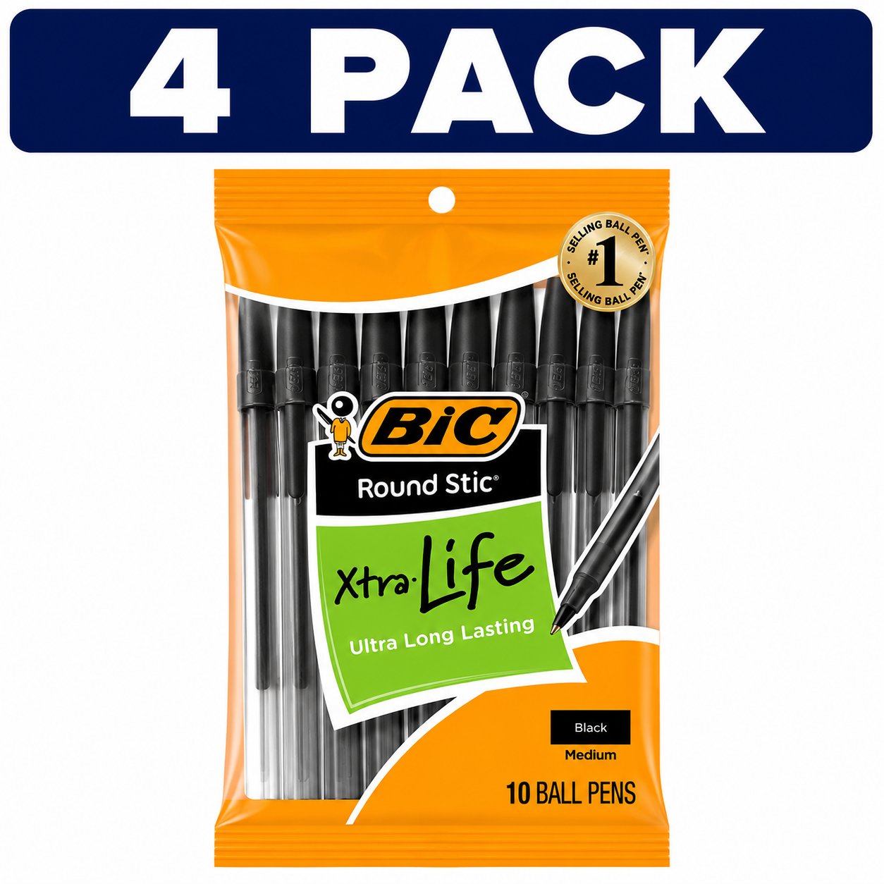 BIC Round Stic Xtra Life Black Ballpoint Pens 10 Count 4 PACK Bundle (40 Pens Total)