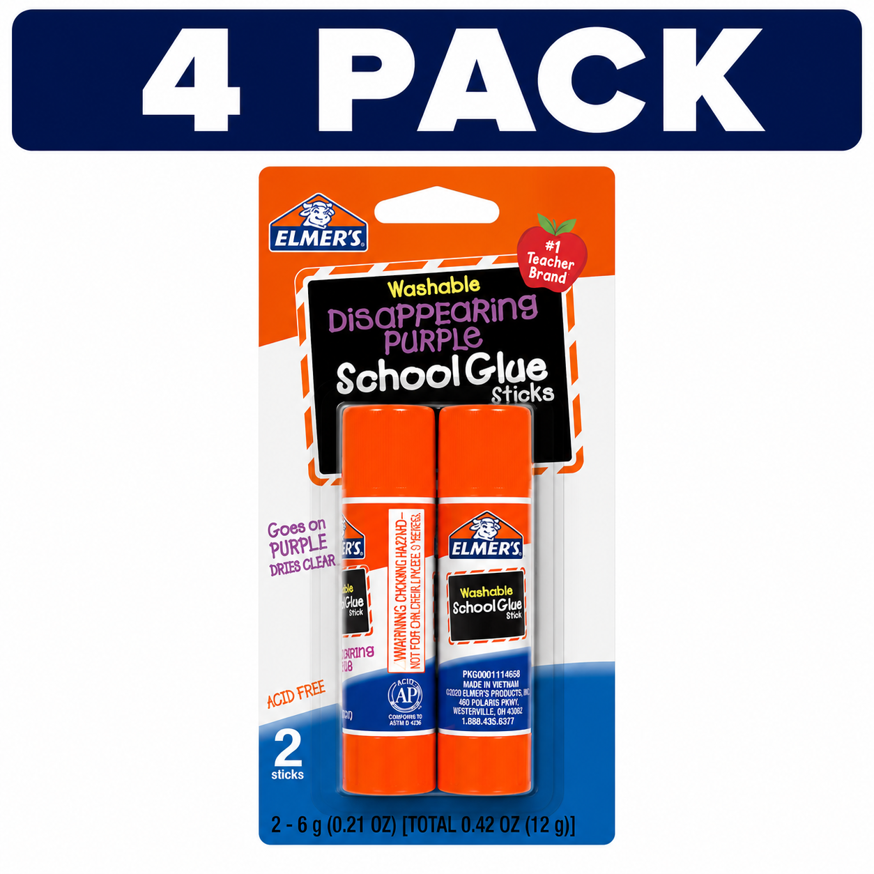 Elmer's Washable Disappearing Purple School Glue Sticks 2 Count 4 PACK Bundle (8 Glue Sticks Total) on White Background