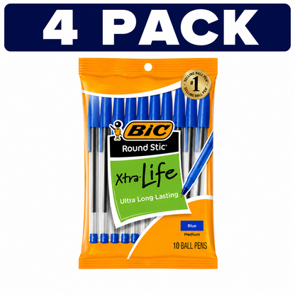 BIC Round Stic Xtra Life Blue Ballpoint Pens 10 Count 4 PACK Bundle (40 Pens Total)