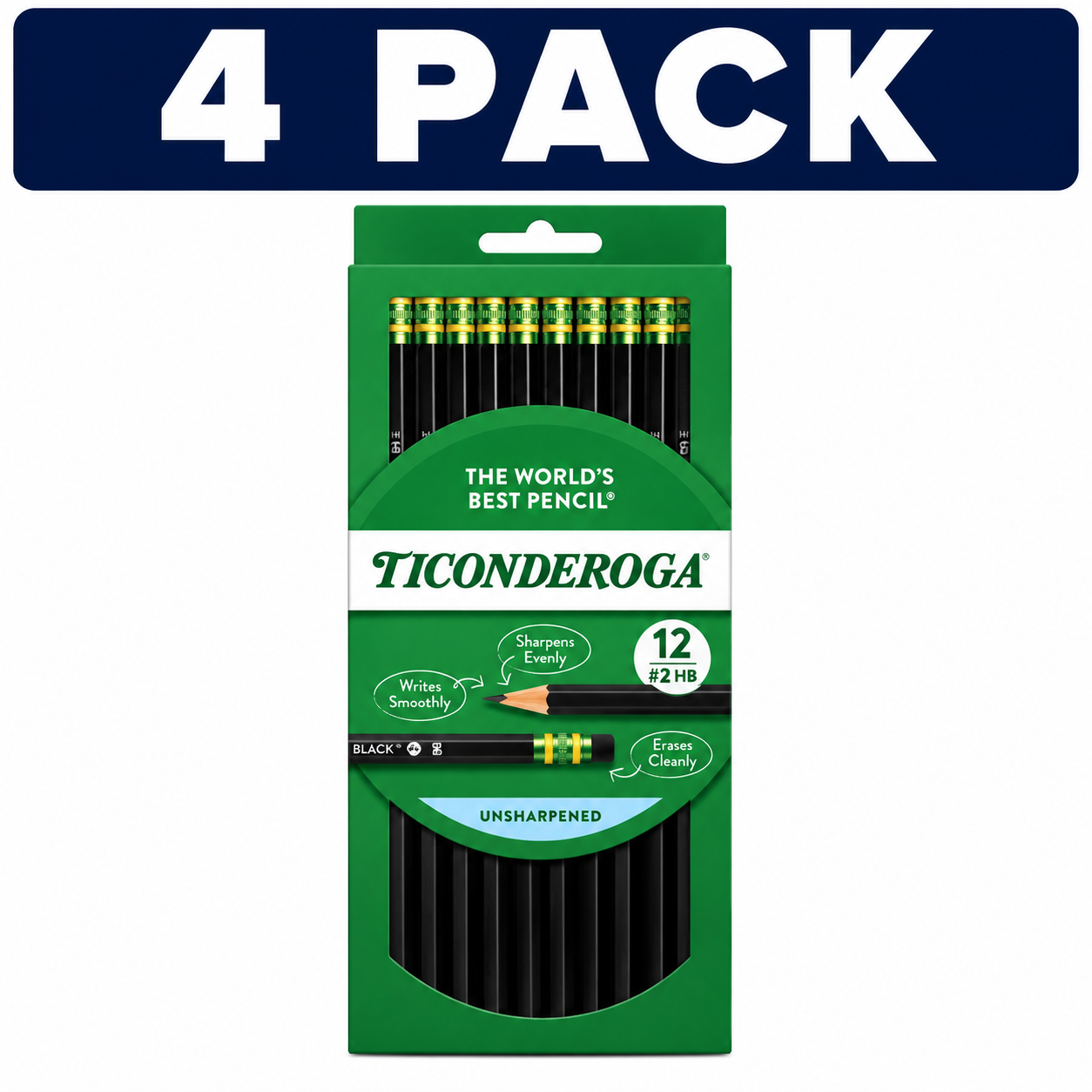 Ticonderoga Black #2 HB Pencils 12 Count 4 PACK Bundle with 48 premium black pencils on a white background.