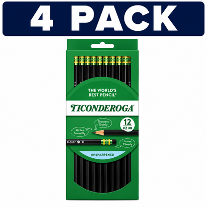 Ticonderoga Black #2 HB Pencils 12 Count 4 PACK Bundle with 48 premium black pencils on a white background.