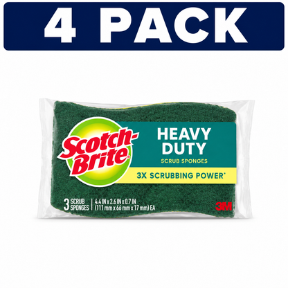 Scotch-Brite Heavy Duty Scrub Sponges 3 Count 4 PACK Bundle (12 Sponges Total) on White Background