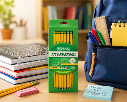 Ticonderoga #2 HB Pencils 30-Count - lifestyle shot with backpack and notebooks